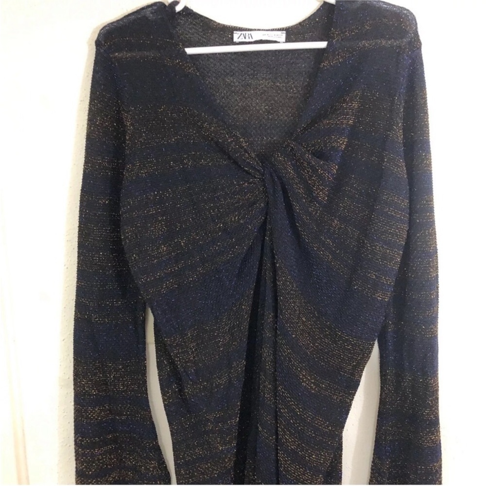 Zara Women Metallic Thread Knit Midi Dress S Black Blue Front Knots Bell sleeve - Picture 2 of 13